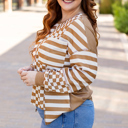  Khaki Striped Checkered Mixed Print Chest Pocket Casual Plus Size Top