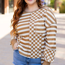  Khaki Striped Checkered Mixed Print Chest Pocket Casual Plus Size Top