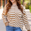 Khaki Striped Checkered Mixed Print Chest Pocket Casual Plus Size Top