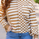  Khaki Striped Checkered Mixed Print Chest Pocket Casual Plus Size Top