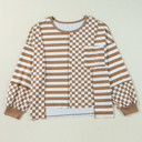  Khaki Striped Checkered Mixed Print Chest Pocket Casual Plus Size Top