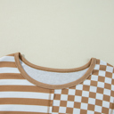  Khaki Striped Checkered Mixed Print Chest Pocket Casual Plus Size Top