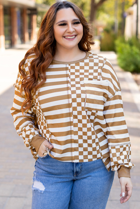 Khaki Striped Checkered Mixed Print Chest Pocket Casual Plus Size Top