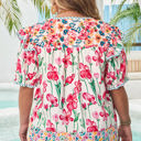  Kiara Plus Size Floral Striped Trim V Neck Blouse