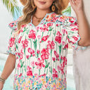  Kiara Plus Size Floral Striped Trim V Neck Blouse