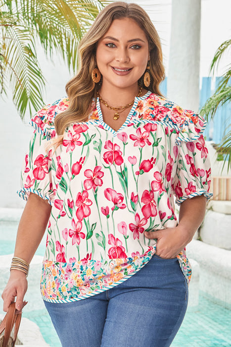 Kiara Plus Size Floral Striped Trim V Neck Blouse
