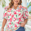  Kiara Plus Size Floral Striped Trim V Neck Blouse
