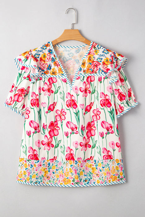 Kiara Plus Size Floral Striped Trim V Neck Blouse