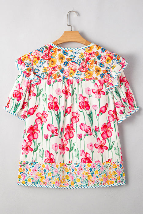 Kiara Plus Size Floral Striped Trim V Neck Blouse