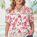 Pink XXXXL Kiara Plus Size Floral Striped Trim V Neck Blouse