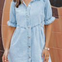  Kimber Ruffled Short Sleeve Buttoned Denim Dress