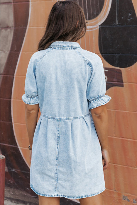 Kimber Ruffled Short Sleeve Buttoned Denim Dress