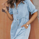  Kimber Ruffled Short Sleeve Buttoned Denim Dress