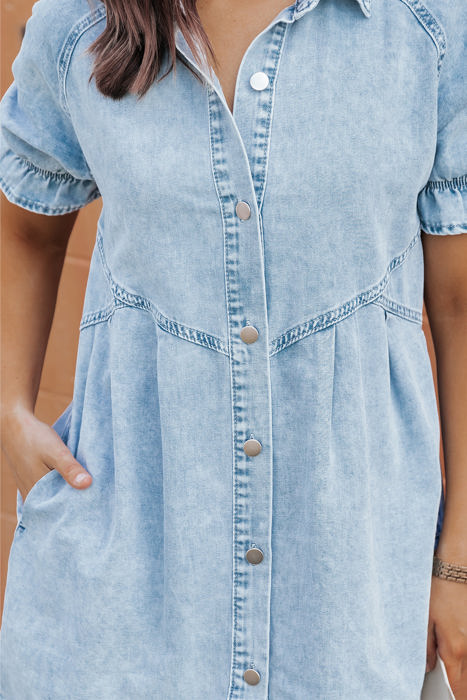 Kimber Ruffled Short Sleeve Buttoned Denim Dress