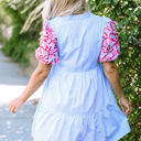  Kori Stripe Contrast Floral Puff Sleeve Tiered Ruffle Dress