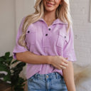  Kyla Flap Pocket Collared Buttoned Short Sleeve Blouse