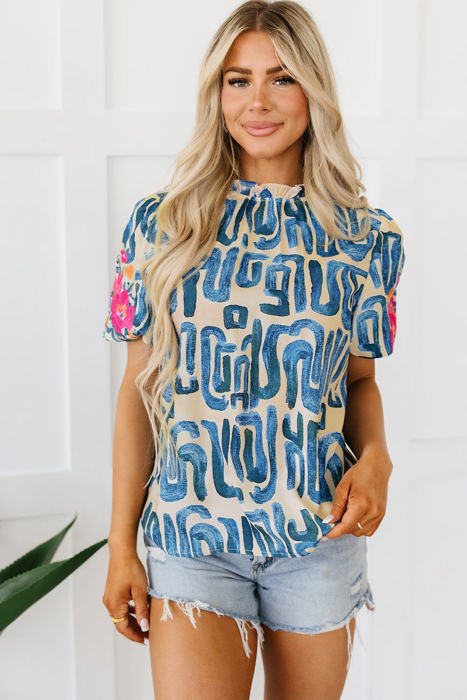 Lara Puff Sleeve Frilled Neck Printed Top