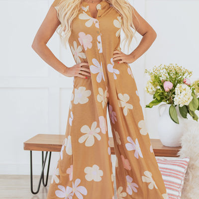 Laura Sleeveless Button up Wide Leg Loose Jumpsuit