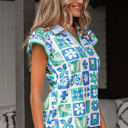  Layla Floral Plaid Colorblock Trim Collar Flutter Sleeve Blouse