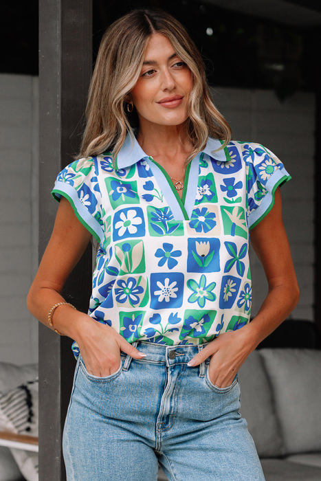 Layla Floral Plaid Colorblock Trim Collar Flutter Sleeve Blouse