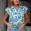  Layla Floral Plaid Colorblock Trim Collar Flutter Sleeve Blouse