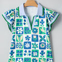  Layla Floral Plaid Colorblock Trim Collar Flutter Sleeve Blouse