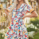  Laylani Floral Zipper Ruffled Short Sleeve High Waist Mini Dress