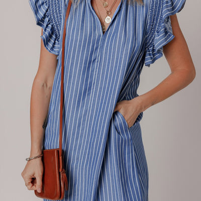 Leah Stripe Frilly Split Neck Shirred Ruffle Sleeve Dress