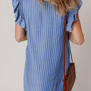  Leah Stripe Frilly Split Neck Shirred Ruffle Sleeve Dress
