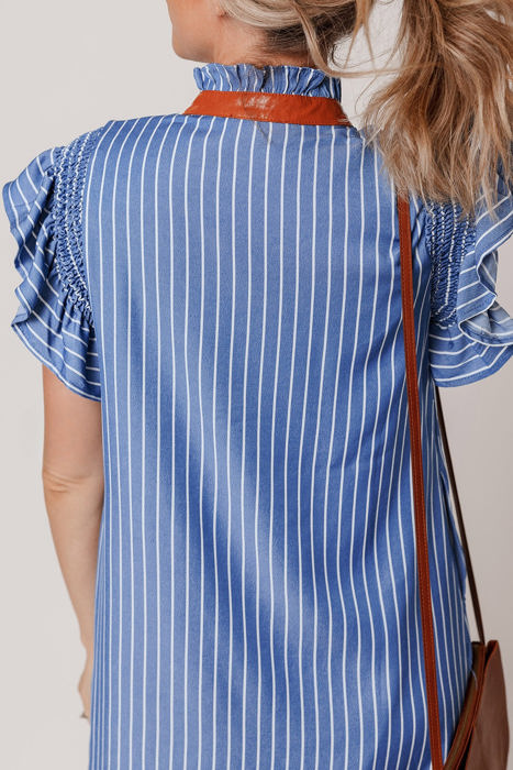Leah Stripe Frilly Split Neck Shirred Ruffle Sleeve Dress
