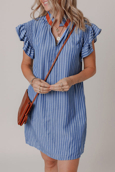 Leah Stripe Frilly Split Neck Shirred Ruffle Sleeve Dress