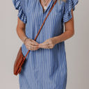  Leah Stripe Frilly Split Neck Shirred Ruffle Sleeve Dress