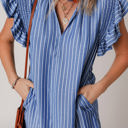  Leah Stripe Frilly Split Neck Shirred Ruffle Sleeve Dress