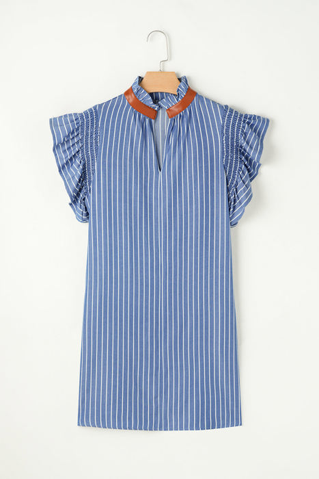 Leah Stripe Frilly Split Neck Shirred Ruffle Sleeve Dress