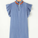 Leah Stripe Frilly Split Neck Shirred Ruffle Sleeve Dress