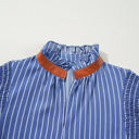  Leah Stripe Frilly Split Neck Shirred Ruffle Sleeve Dress