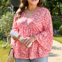 Red XXXXL Lena Plus Size Floral V Neck Blouse