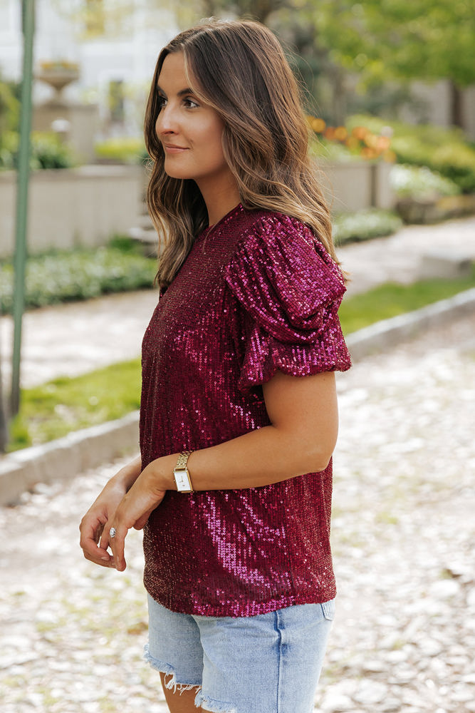 Lenora Glittering Sequin Short Bubble Sleeve Blouse