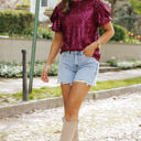  Lenora Glittering Sequin Short Bubble Sleeve Blouse