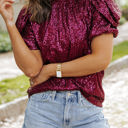 Burgundy Large Lenora Glittering Sequin Short Bubble Sleeve Blouse