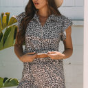  Leopard Half Zipper Collared Ruffled Sleeve Top and Short Set