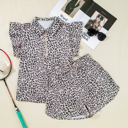  Leopard Half Zipper Collared Ruffled Sleeve Top and Short Set