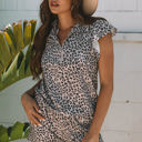  Leopard Half Zipper Collared Ruffled Sleeve Top and Short Set