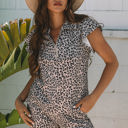  Leopard Half Zipper Collared Ruffled Sleeve Top and Short Set