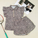  Leopard Half Zipper Collared Ruffled Sleeve Top and Short Set