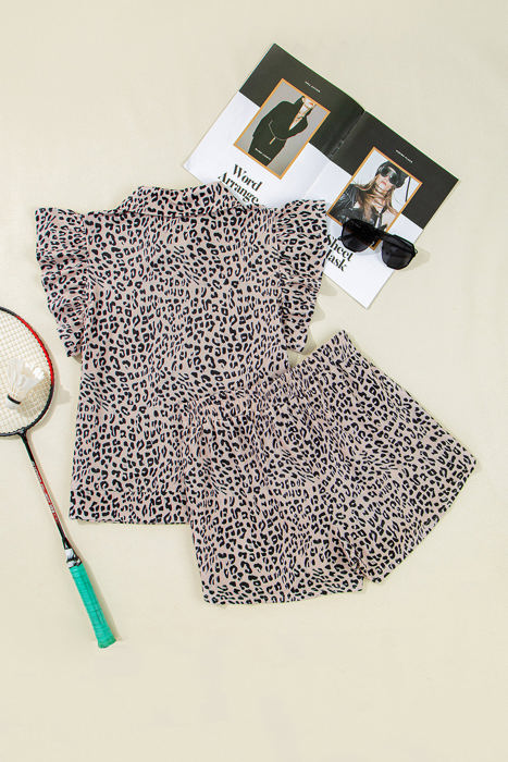 Leopard Half Zipper Collared Ruffled Sleeve Top and Short Set