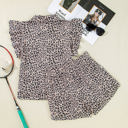  Leopard Half Zipper Collared Ruffled Sleeve Top and Short Set