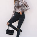  Leopard Smocked Neck Mesh Long Sleeve Bodysuit