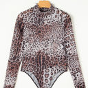  Leopard Smocked Neck Mesh Long Sleeve Bodysuit