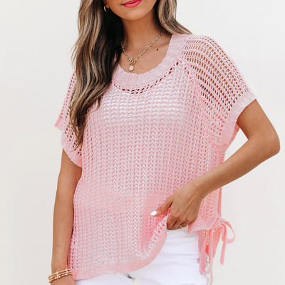Lettie Hollow-out Crochet Side Tied Short Sleeve Sweater